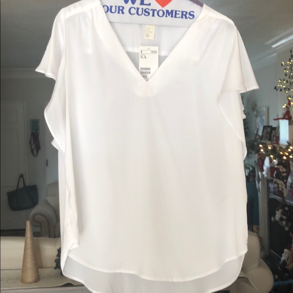 H&M White Ruffle Sleeve Top